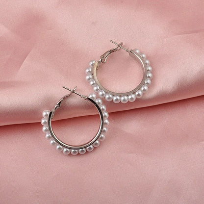 Exaggerated Imitation Pearl Round Hoop Earrings for Women Hiphop Punk Metal Creative Geometry Loop Jewelry Accessory Girl Gift