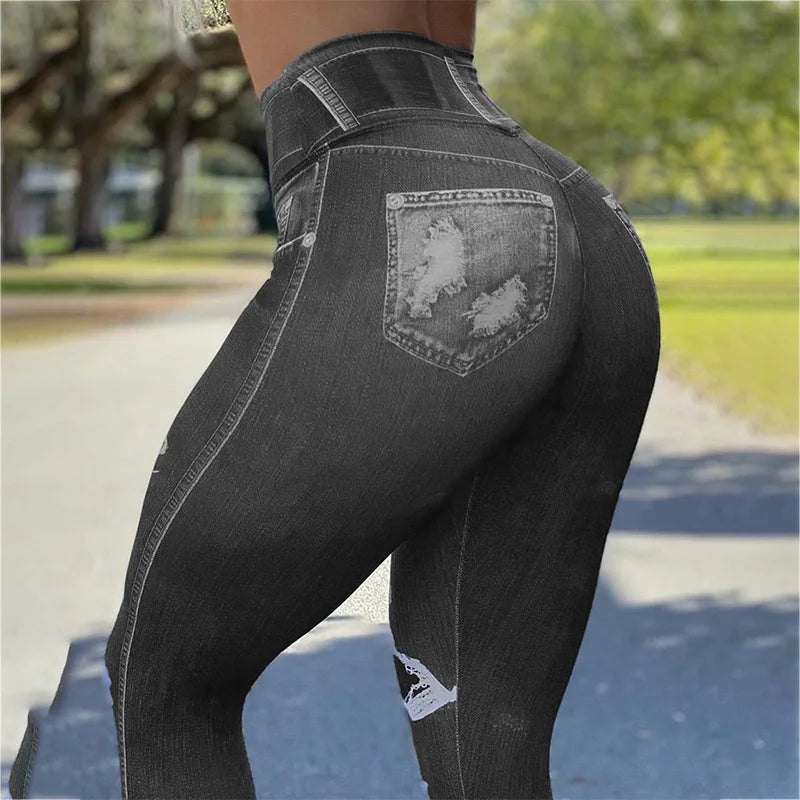 trousers ladies 2023 New Spring High Waist High Stretch Faux Denim Leggings Fitness Sports Yoga Women's Pants Streetwear Y2K