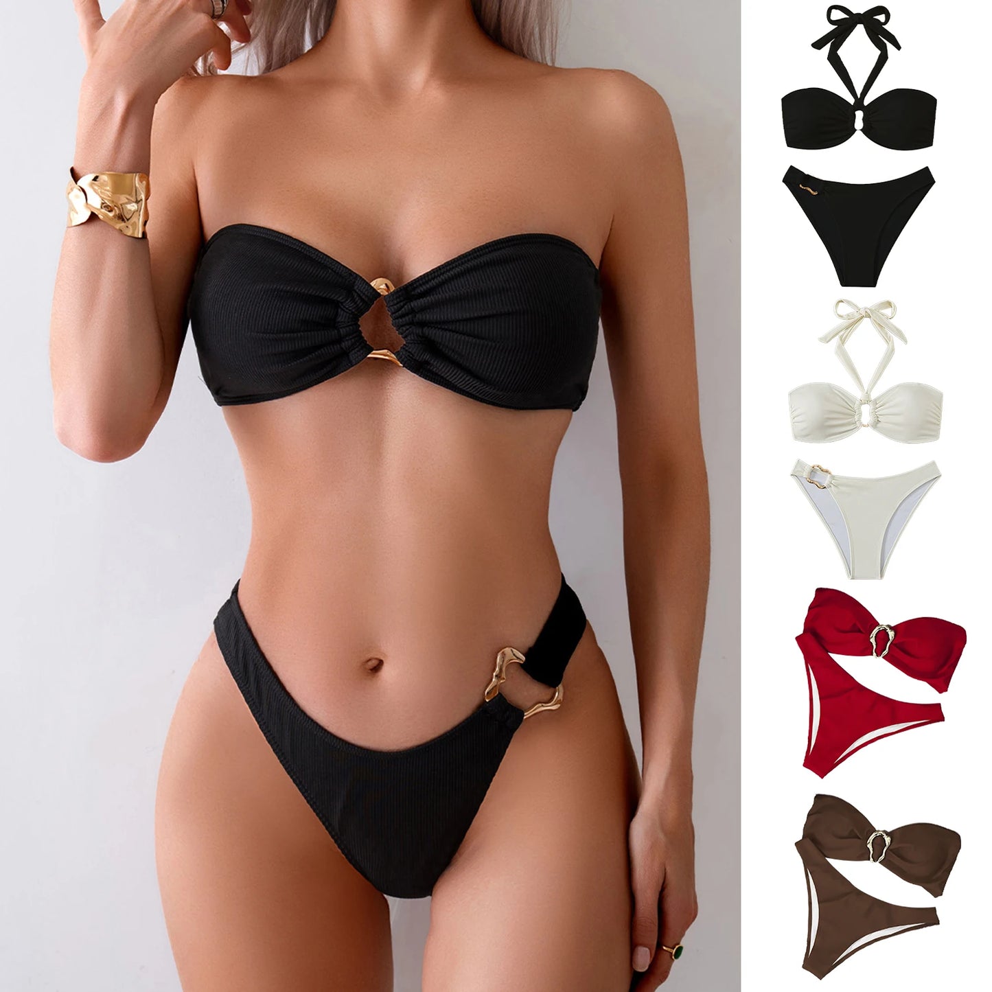 Women Bikini Set Solid Color Underwire Padded Push-Up Split Bikini Bra Print High Waist Bottoms Swimsuit Women Bathing Suit