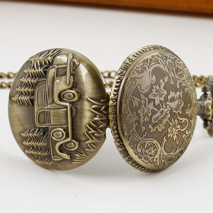 Vintage Bronze Quartz Steampunk Watch 3D Car Truck Pattern Pocket Watch Men FOB Chain Necklace Pendant Clock Gifts