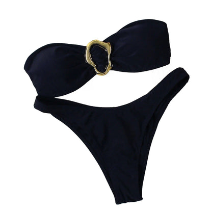 Women Bikini Set Solid Color Underwire Padded Push-Up Split Bikini Bra Print High Waist Bottoms Swimsuit Women Bathing Suit
