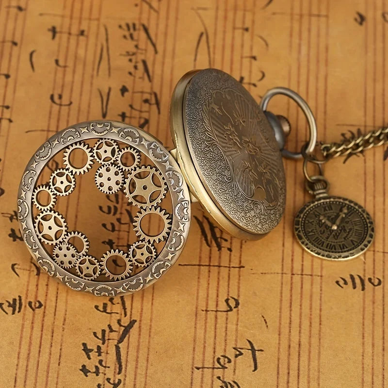Retro Bronze Hollow Gear Carved Quartz Pocket Watch Necklace Pendant Clock Chain Memorial Gift for Men Women Reloj Hombre