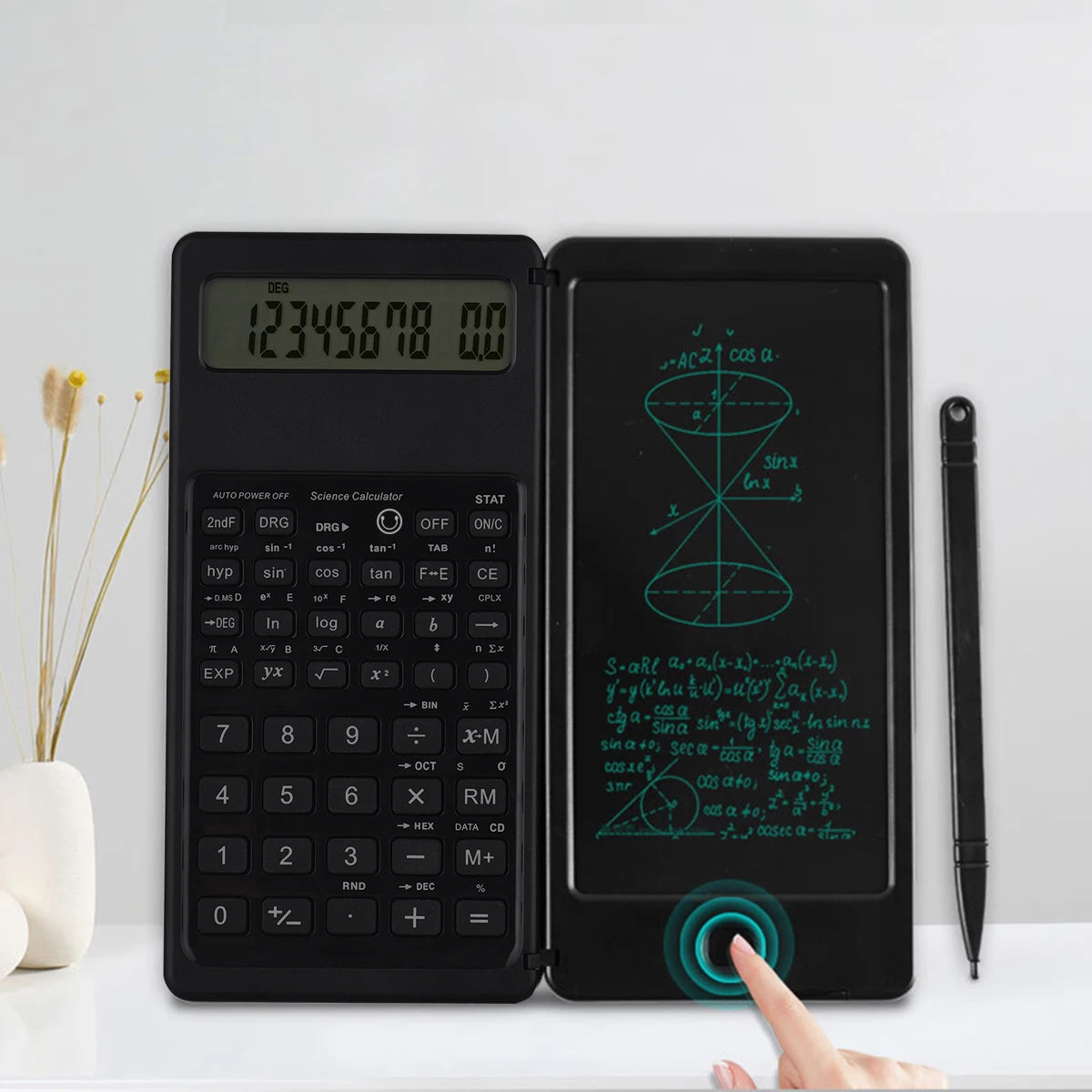 Tablette d'écriture LCD 6 pouces, bloc-notes numérique, calculatrice pliable, écran 10 chiffres, stylet, bouton d'effacement, fonction de verrouillage