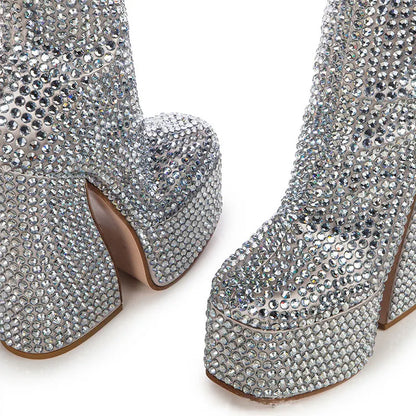 2024 Silver High Heel Chelsea Boots – Women's Platform Ankle Boots Square Toe with Diamond Decor, Chunky Heel Short Boots