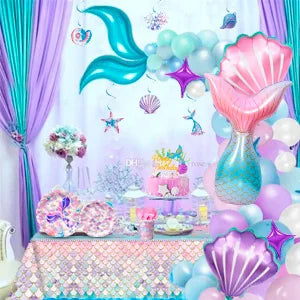 Mermaid Party Supplies,90 Pcs Party Supplies Kit-Mermaid Birthday Plates Cups Napkins Tablecloth&Banner Balloons etc for Girls