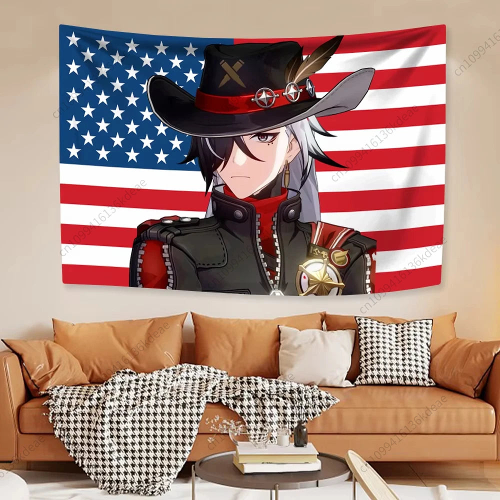 Tapisserie Anime unique Boothill Drapeau américain Honkai Star Rail Chambre Dessin animé Fond Tissu Fête Bannière Chambre Décoration de la maison