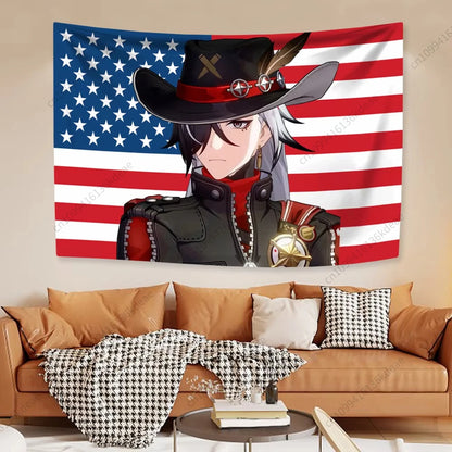 Tapisserie Anime unique Boothill Drapeau américain Honkai Star Rail Chambre Dessin animé Fond Tissu Fête Bannière Chambre Décoration de la maison
