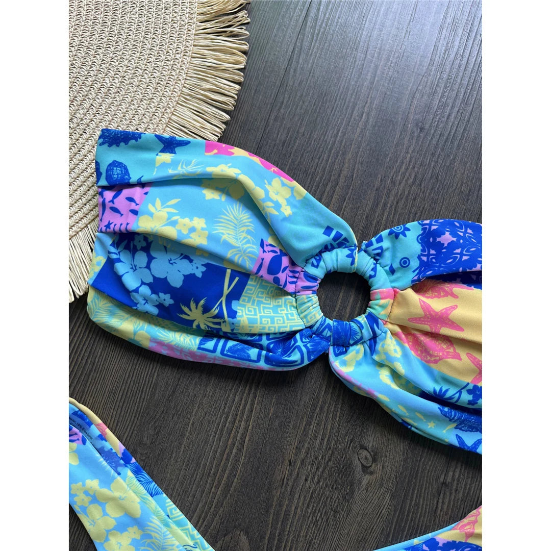 Sexy Colorful Floral Printed Bandeau Bikini Female Swimsuit Women Swimwear Two-pieces Bikini set Bather Bathing Suit Swim K6137