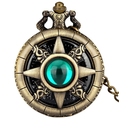 Exquisite Emerald-green Stone Bronze Case Quartz Pocket Watch Simple White Dial Chain Clock Necklace Pendant Watch for Men Women