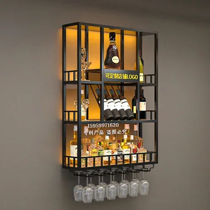 Customized: bar counter wine cabinet against the wall, hanging shelves, industrial style bar, wrought iron display stand,