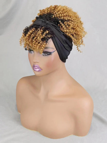 200% Density 1BT30 Afro Kinky Curly Scarf Wig with Bangs Machine Made Wig Curly 100% Human Hair Wig Preplucked for Black Women