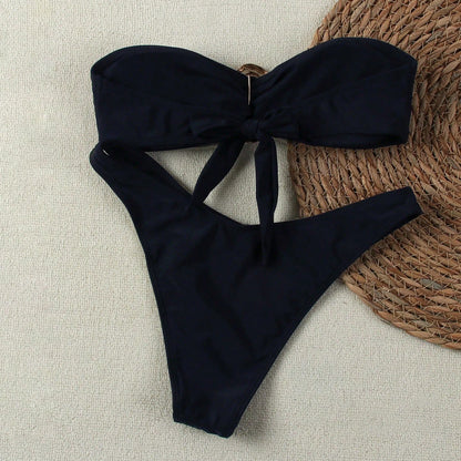 Women Bikini Set Solid Color Underwire Padded Push-Up Split Bikini Bra Print High Waist Bottoms Swimsuit Women Bathing Suit