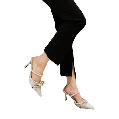 Summer Fashion Rhinestone Diamond Butterfly-Knot Sandals High Heels Pointed Toe Slippers Women Pumps Party Wedding Bling Shoes
