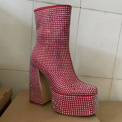2024 Silver High Heel Chelsea Boots – Women's Platform Ankle Boots Square Toe with Diamond Decor, Chunky Heel Short Boots