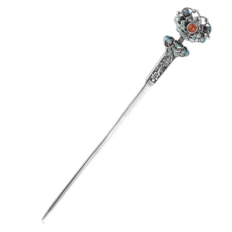 Classic charms enamel Lotus flower blue tiara hair Jewelry 925 silver exquisite ethnic style Hanfu qipao hanfu accessories