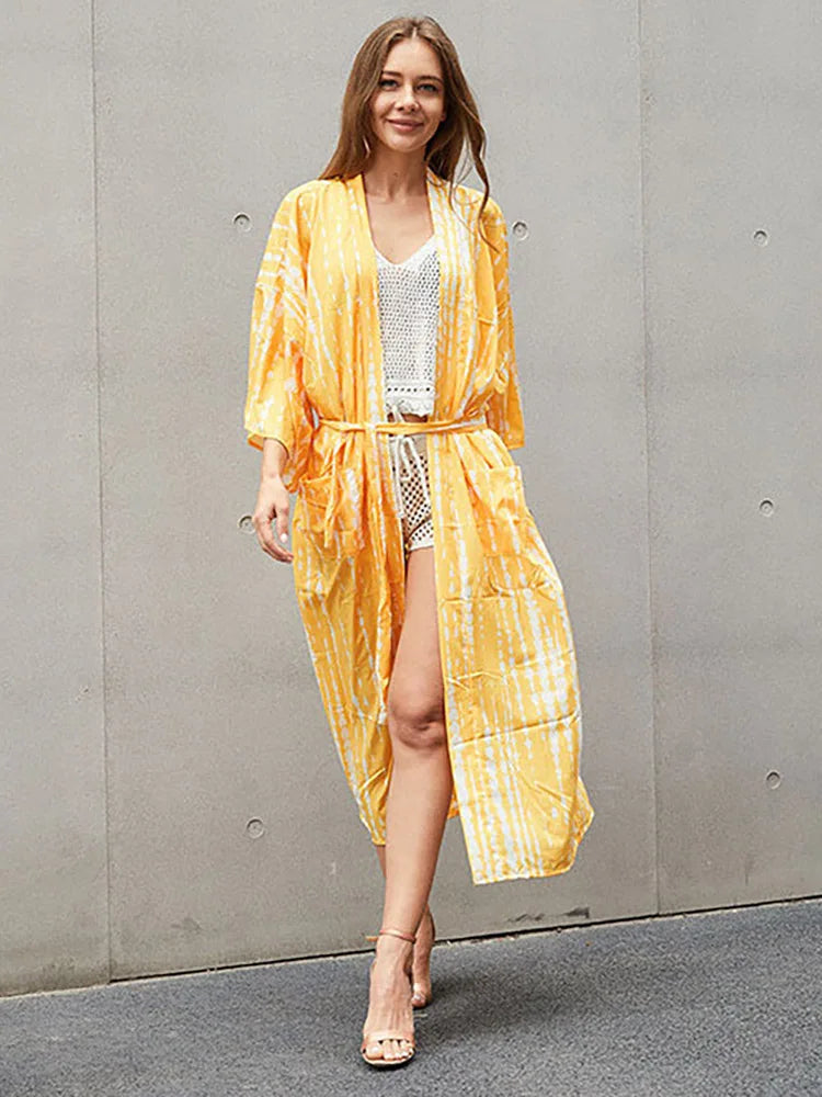 2023 Women Swimsuit Pareo Beachwear Boho Striped Print with Belt Short Sleeve Tunic Cardigan Summer Sexy Kimono Bikini Cover Up