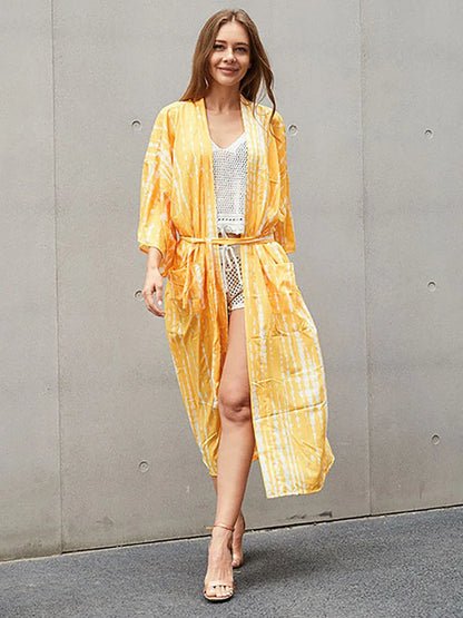 2023 Women Swimsuit Pareo Beachwear Boho Striped Print with Belt Short Sleeve Tunic Cardigan Summer Sexy Kimono Bikini Cover Up