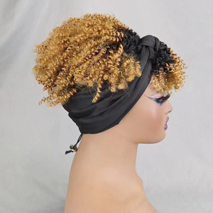 200% Density 1BT30 Afro Kinky Curly Scarf Wig with Bangs Machine Made Wig Curly 100% Human Hair Wig Preplucked for Black Women