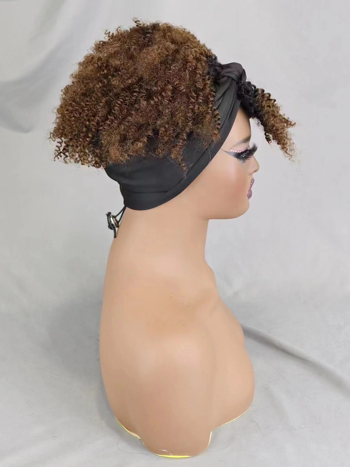 200% Density 1BT30 Afro Kinky Curly Scarf Wig with Bangs Machine Made Wig Curly 100% Human Hair Wig Preplucked for Black Women
