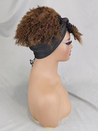 200% Density 1BT30 Afro Kinky Curly Scarf Wig with Bangs Machine Made Wig Curly 100% Human Hair Wig Preplucked for Black Women