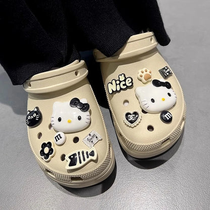 MINISO INS Black & White Series Hello Kitty Cat & Fish Shoe Charms Accessories Women Sandals Decorative Buckle Party Gifts ﻿