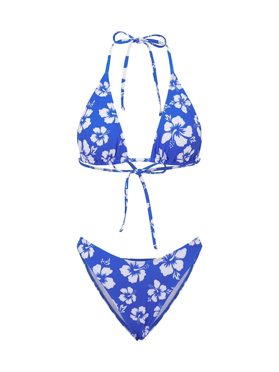 Push Up Bikini Set  For Women Flower Print Sleeveless Bra with Low Waist Briefs Bathing Suit