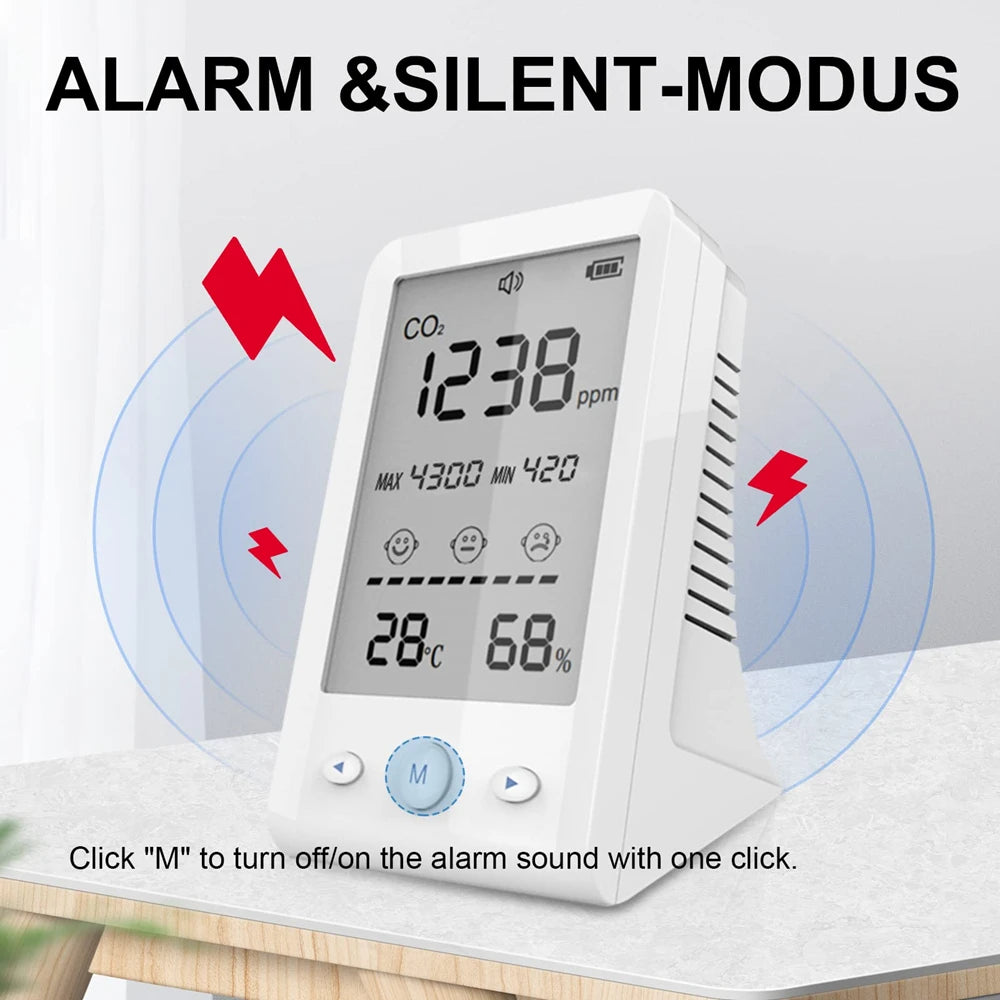 NDIR CO2 Meter Alarm Temperature Humidity Detector Indoor Air Quality Monitor Gas Analyzer with LCD Display USB Rechargeable