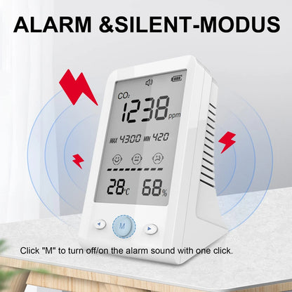 NDIR CO2 Meter Alarm Temperature Humidity Detector Indoor Air Quality Monitor Gas Analyzer with LCD Display USB Rechargeable