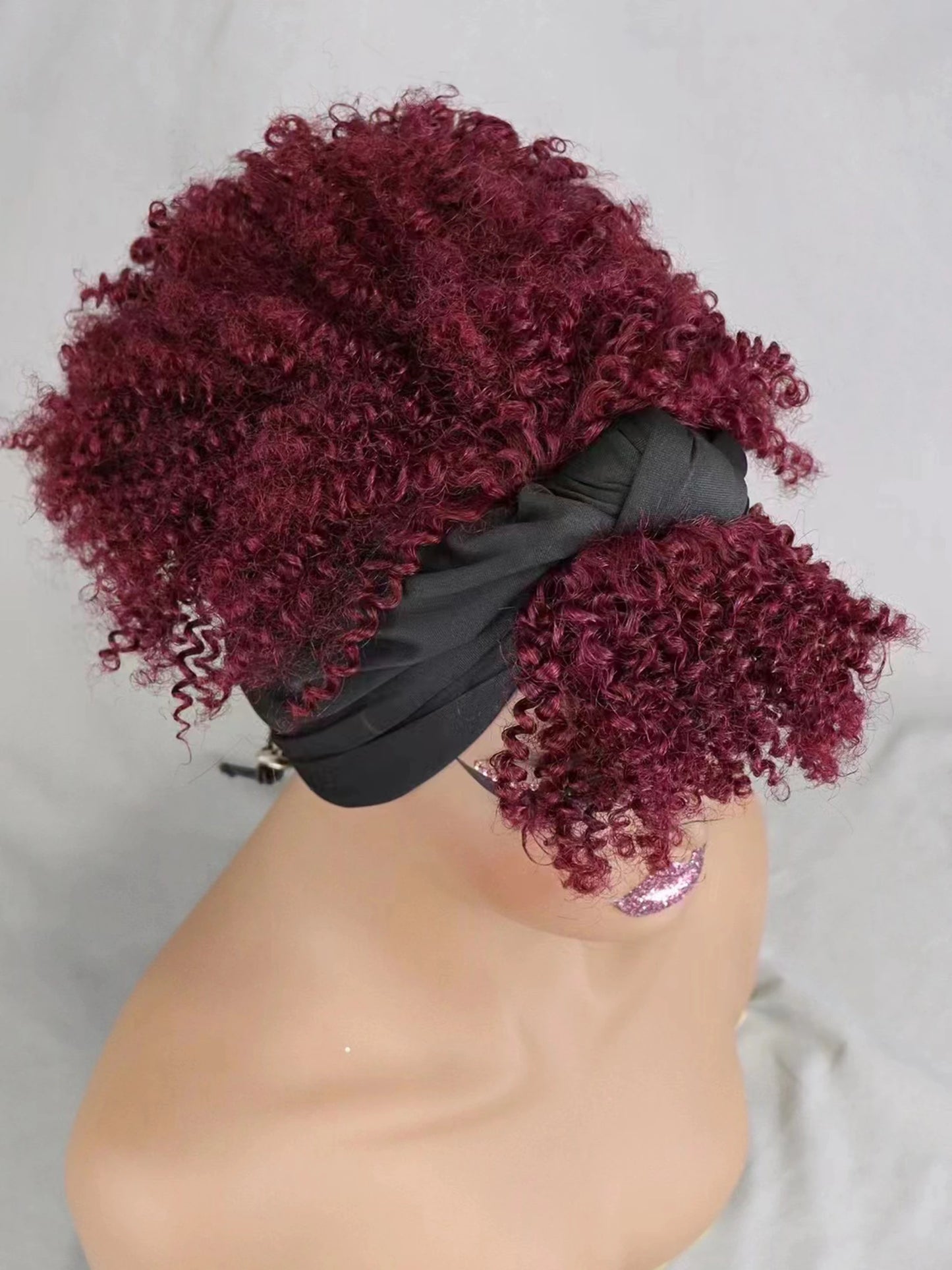 200% Density 1BT30 Afro Kinky Curly Scarf Wig with Bangs Machine Made Wig Curly 100% Human Hair Wig Preplucked for Black Women