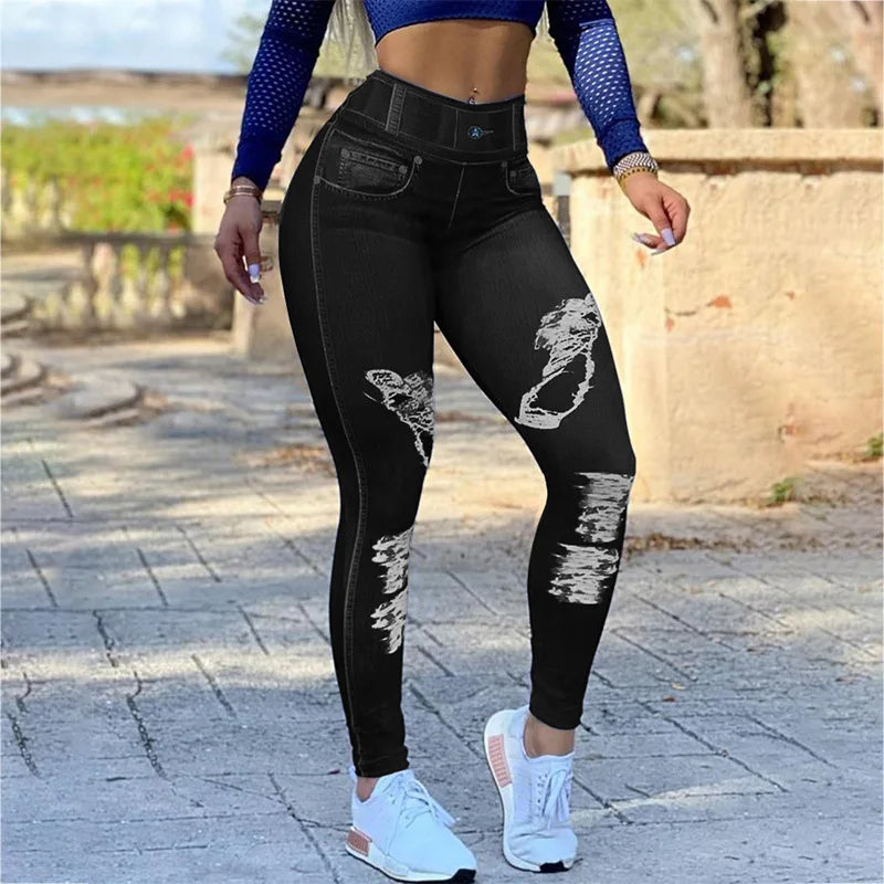 trousers ladies 2023 New Spring High Waist High Stretch Faux Denim Leggings Fitness Sports Yoga Women's Pants Streetwear Y2K