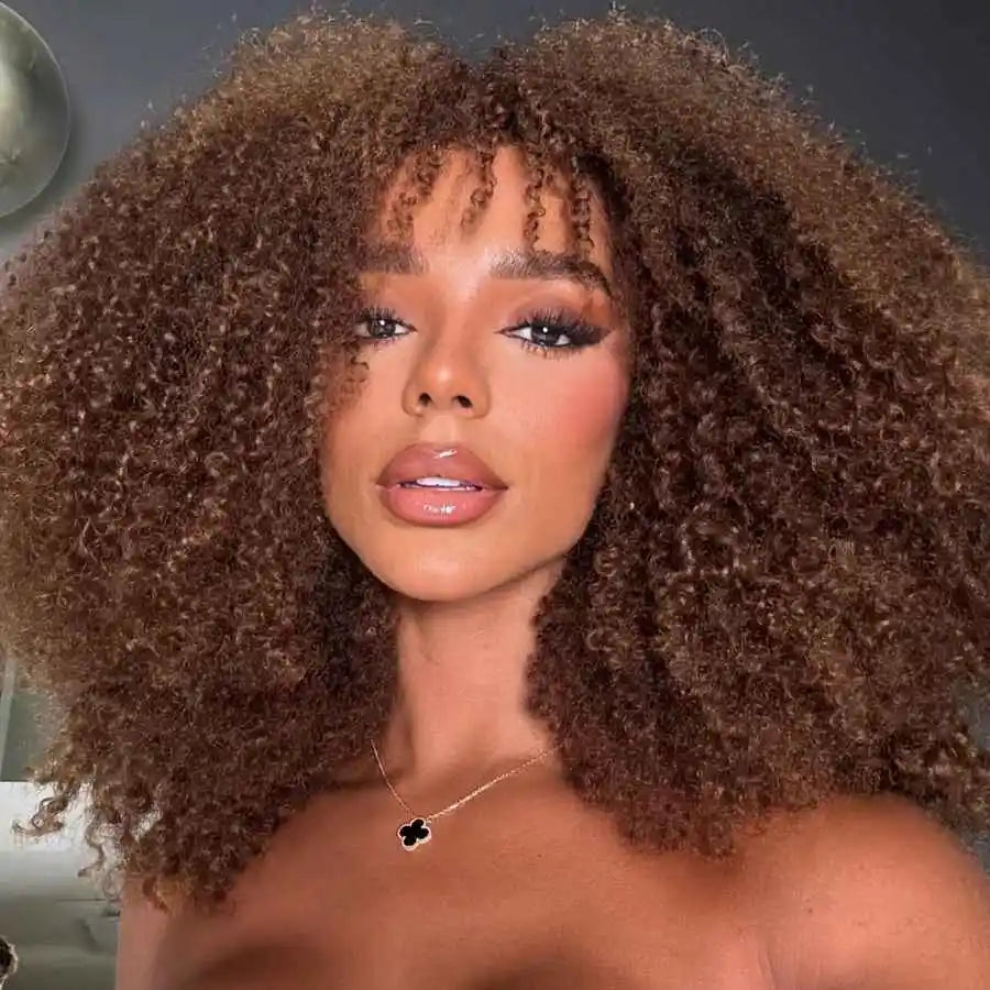 Brown Color PiXie Cut Afro Kinky Curly Human Hair Wigs with Bangs Brazilian Short Curly Human Hair Wig Wear to go Glueless Wig