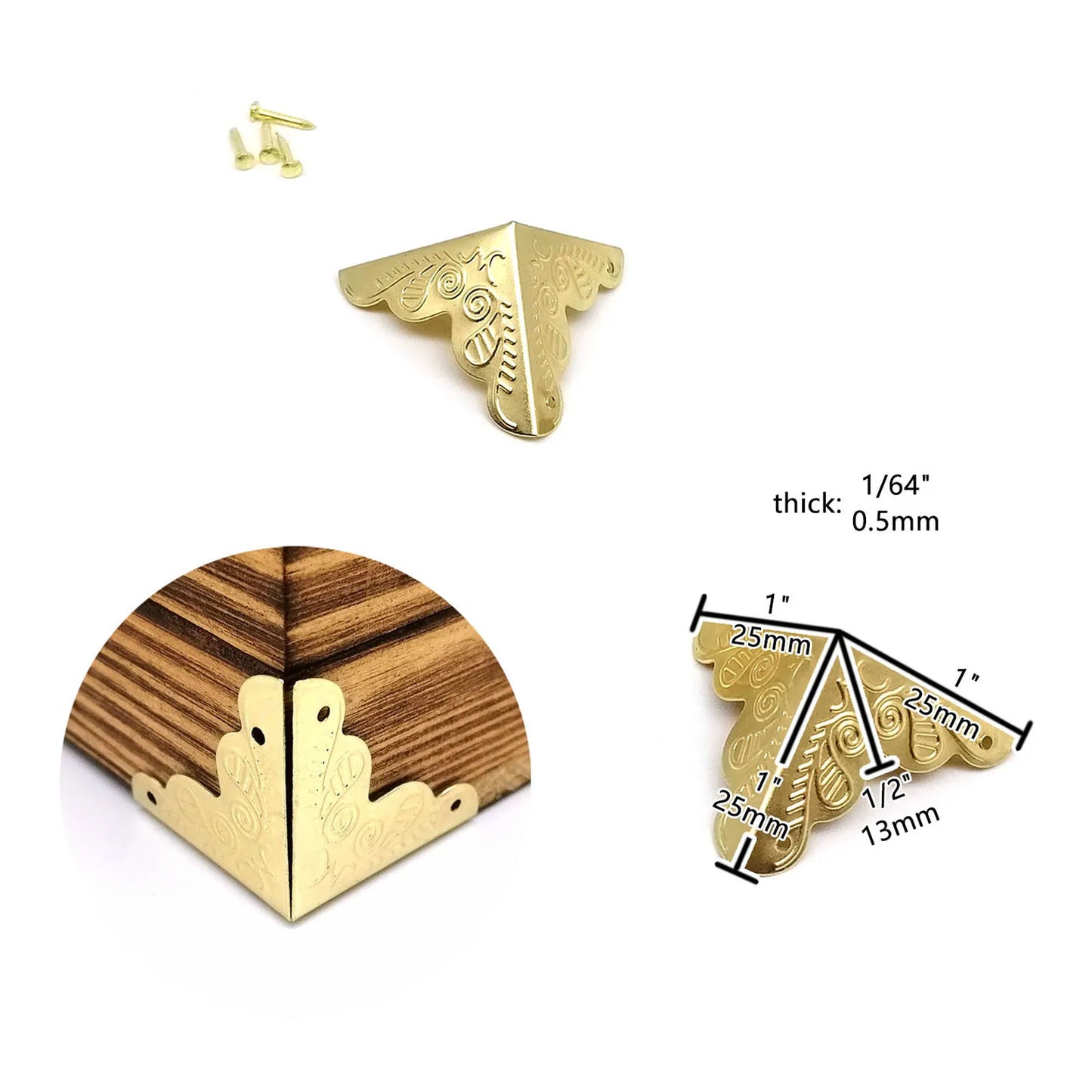 12pcs Decorative Antique Brass Bronze Golden Silver Jewelry Chest Wine Gift Box Wood Case Corner Protector Cover Guard with Nail