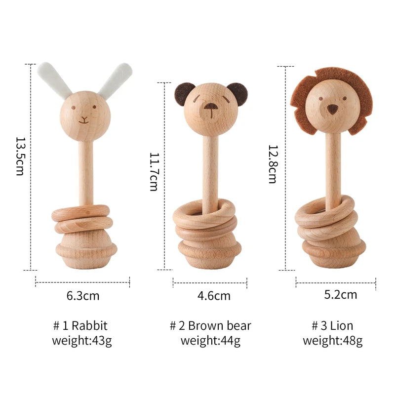 1pc Baby Rattles Toys Beech Wooden Animal Rattles Music Hand Bells Toys Newbron Montessori Educational Mobile Rattle Blocks Toys