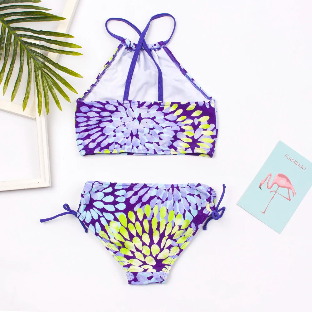 3-14 Years Flower Print Girls Kids Swimwear Summer Children Teen Students Two Pieces Swimsuit Kids Bikini Set Bathing Suit