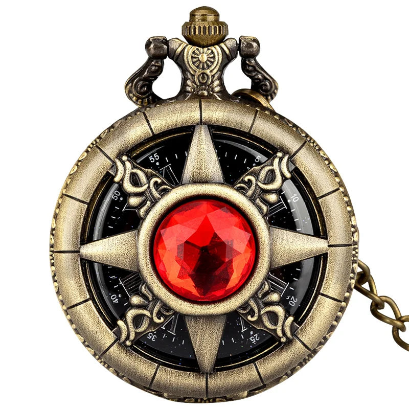Exquisite Emerald-green Stone Bronze Case Quartz Pocket Watch Simple White Dial Chain Clock Necklace Pendant Watch for Men Women