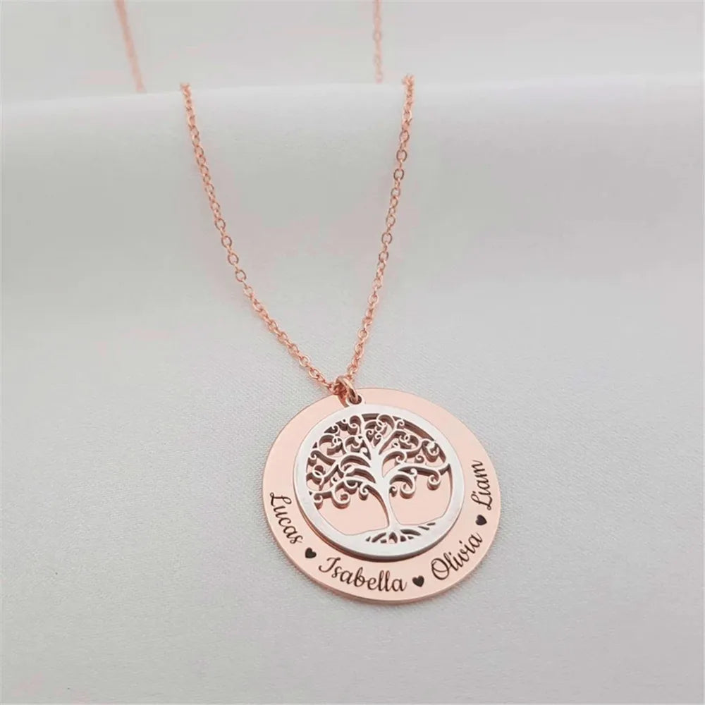 Custom Family Names Necklace Stainless Steel Personalized Name Pendant Tree Of Life 1-5 Names Birthstone For Women Birthday Gift