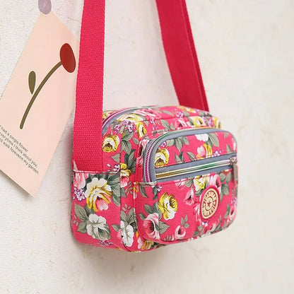 Casual Backpack Messenger Nylon Canvas Cloth Bag Shoulder Multi Layered Floral Print Mother Handbag Women's Crossbody Bag