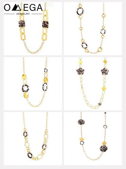 Stainless Steel Long Necklace For Women 18k Gold Plated Women's Sweater Chain Necklaces Woman Leopard Print Jewelry Accessories