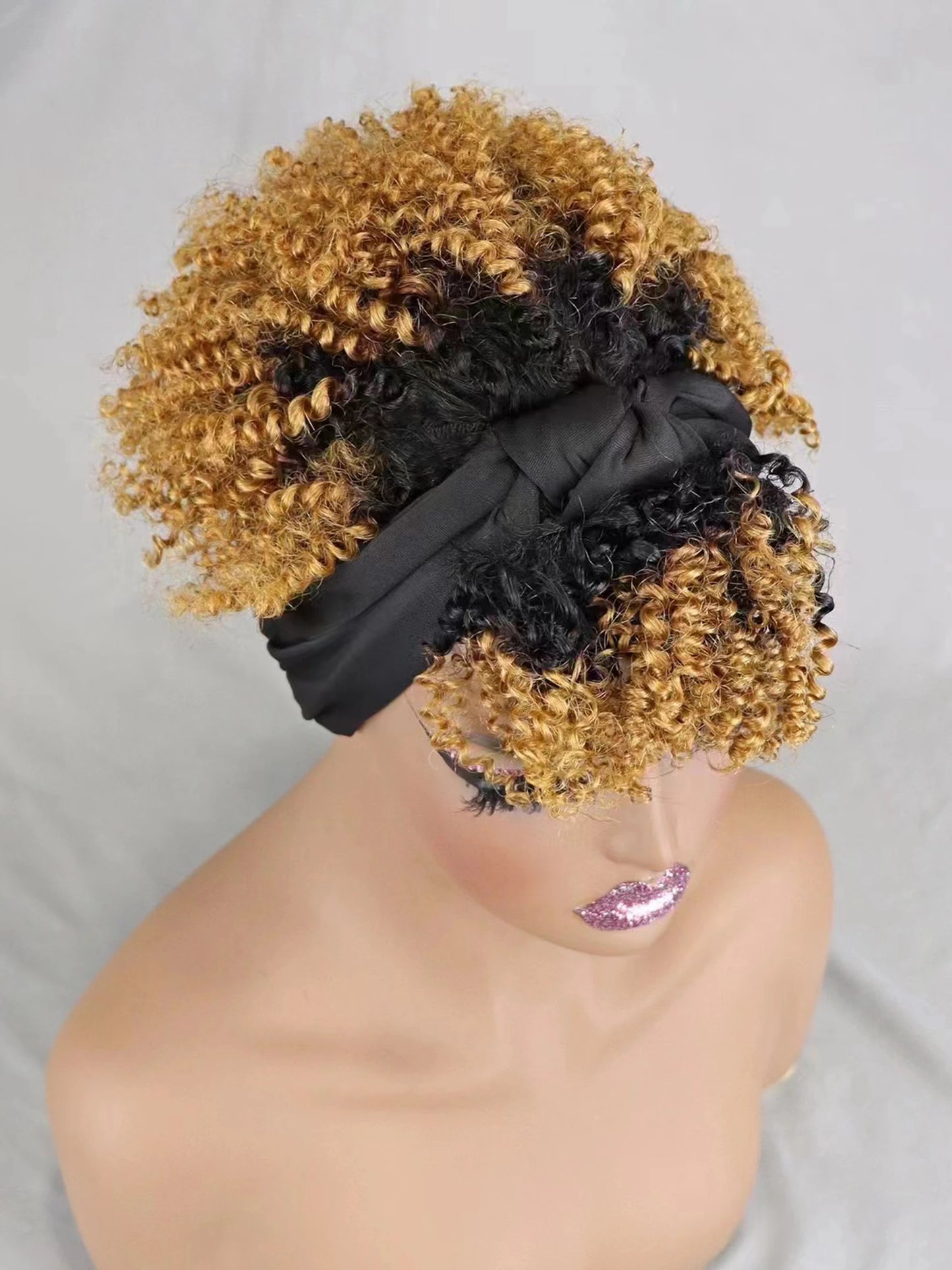 200% Density 1BT30 Afro Kinky Curly Scarf Wig with Bangs Machine Made Wig Curly 100% Human Hair Wig Preplucked for Black Women