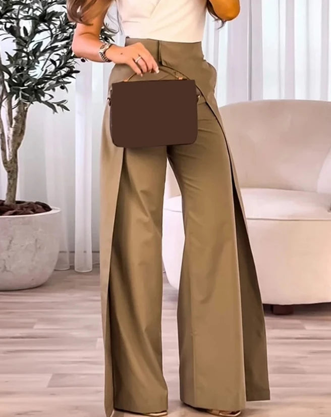 2023 New Fashion Women's Pants Elegant High Waist Overlap Asymmetrical Wide Leg Pants Female Trouser Casual Bottom