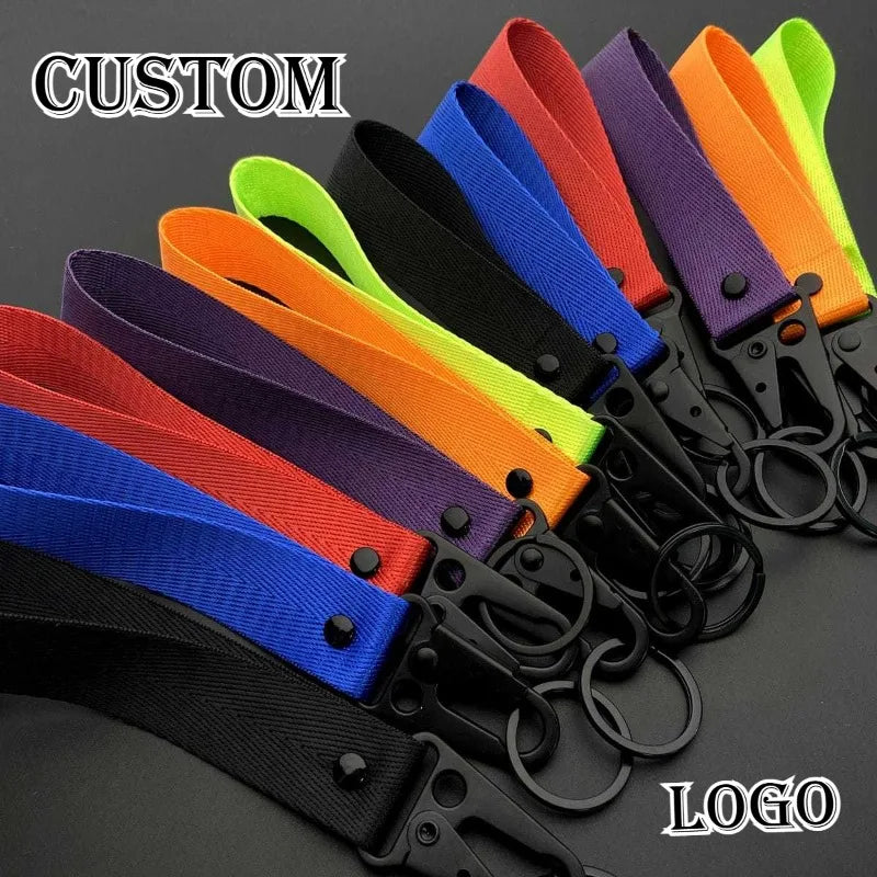 Custom Logo Ribbon Keychain Men Women Motorcycle Car Keychain Ring Pendant Personalize Outdoor Eagle Beak Webbing Nylon Keyring