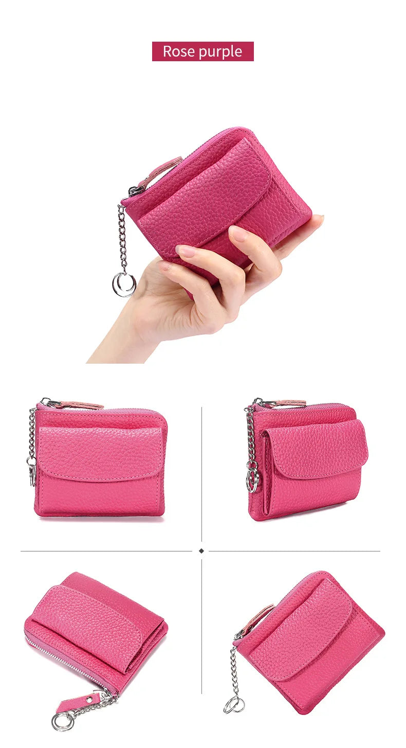2023 New Genuine Leather Women Mini Wallet Ladies Short Wallets and Purses Zipper Leather Coin Purse Keychain Coins Pocket Bag