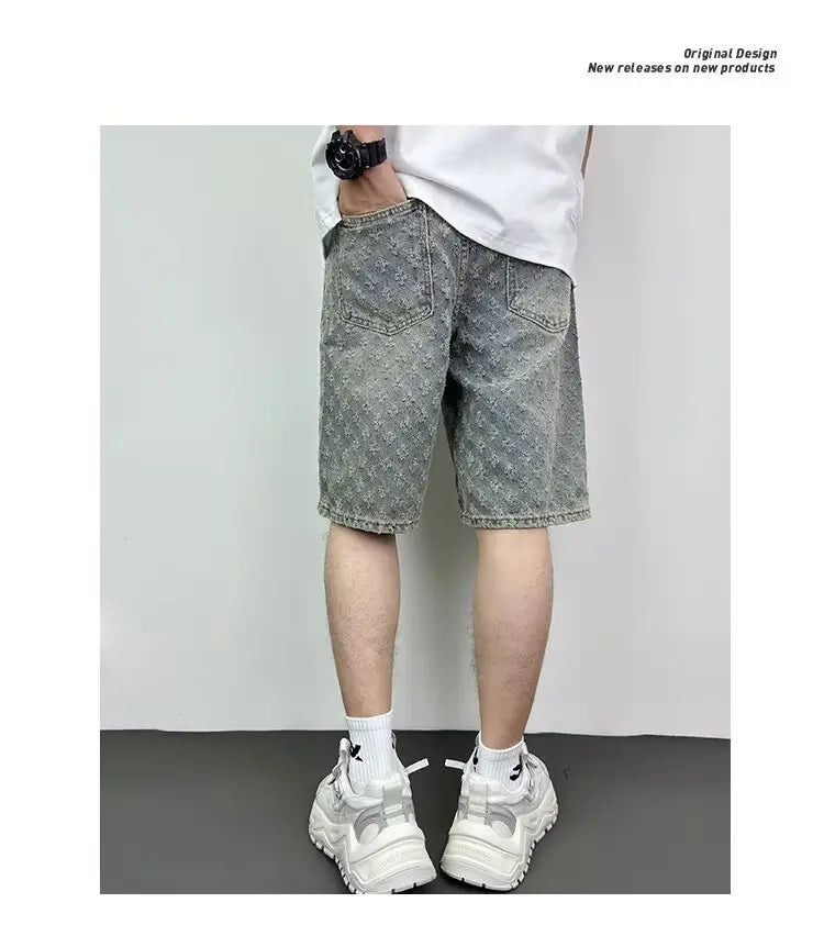Ccowboy Shorts Men's Summer Workwear Pants Loose Straight Leg Mid Length Pants Elastic Waist American High Street Trendy Shorts