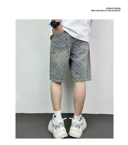 Ccowboy Shorts Men's Summer Workwear Pants Loose Straight Leg Mid Length Pants Elastic Waist American High Street Trendy Shorts