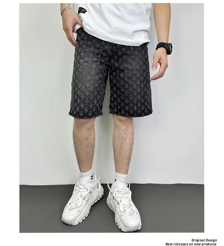 Ccowboy Shorts Men's Summer Workwear Pants Loose Straight Leg Mid Length Pants Elastic Waist American High Street Trendy Shorts