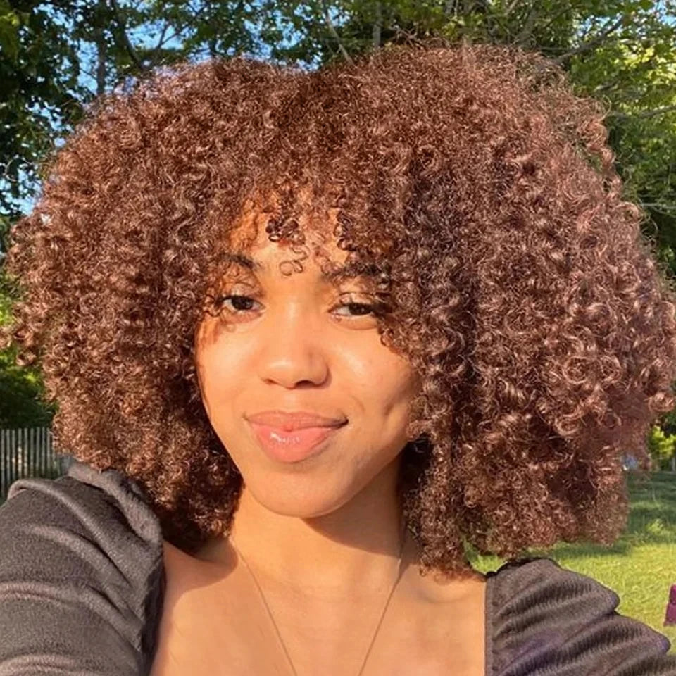 Brown Color PiXie Cut Afro Kinky Curly Human Hair Wigs with Bangs Brazilian Short Curly Human Hair Wig Wear to go Glueless Wig