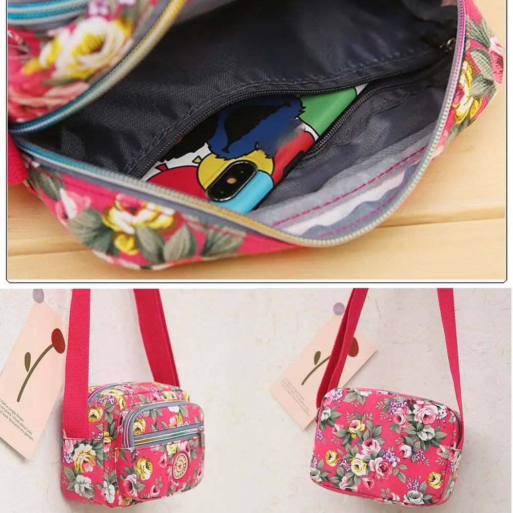 Casual Backpack Messenger Nylon Canvas Cloth Bag Shoulder Multi Layered Floral Print Mother Handbag Women's Crossbody Bag