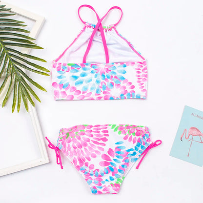 3-14 Years Flower Print Girls Kids Swimwear Summer Children Teen Students Two Pieces Swimsuit Kids Bikini Set Bathing Suit