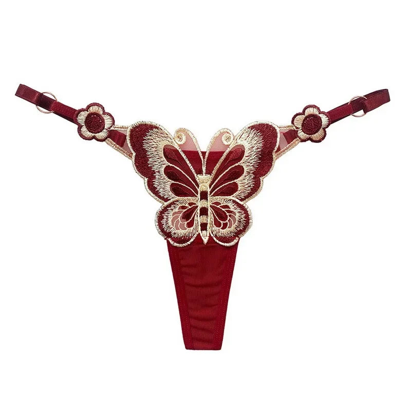 Butterfly Embroidery Thongs G Strings Sexy Underwear Women's Thong Transparent Mesh Panties Adjustable Low Waist Briefs Lingerie
