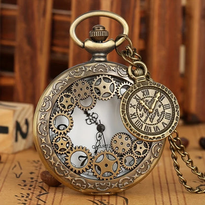 Retro Bronze Hollow Gear Carved Quartz Pocket Watch Necklace Pendant Clock Chain Memorial Gift for Men Women Reloj Hombre
